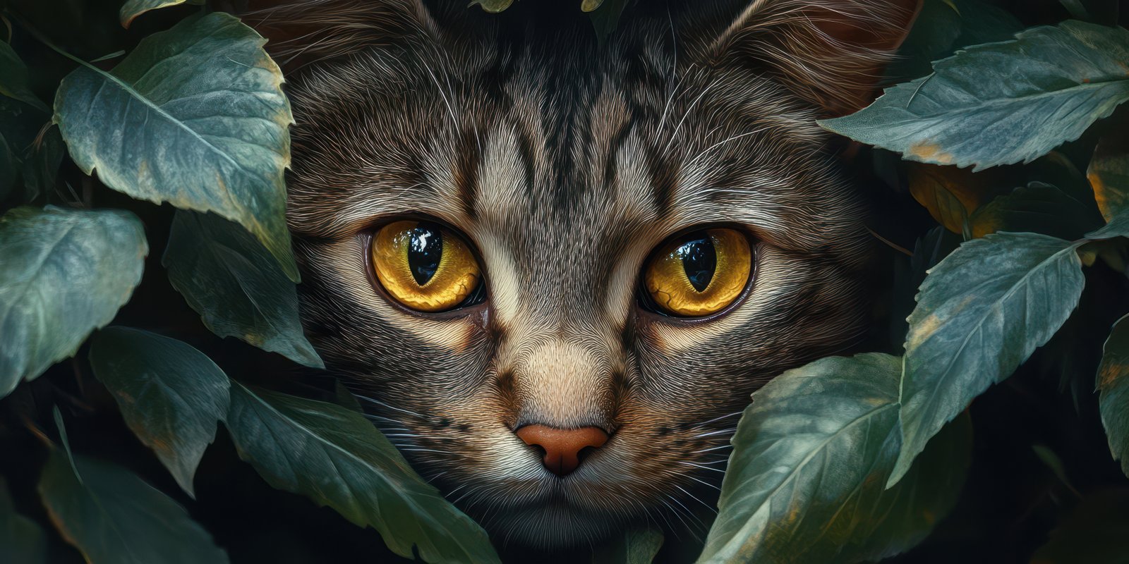 Curious cat watching from behind dense green foliage on a sunny day